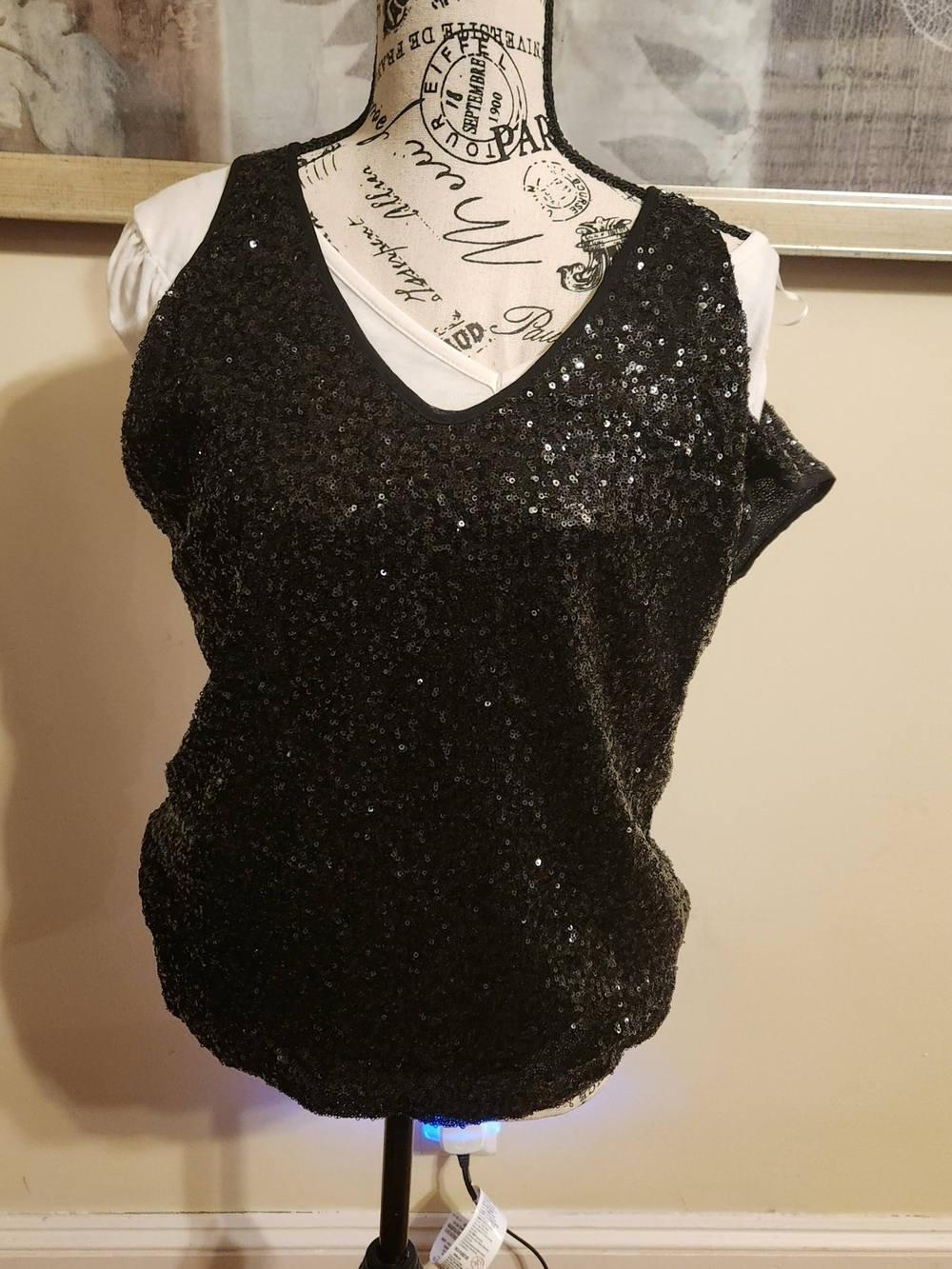 I Jeans By Buffalo Black Sequin V-Neck Cut Out Shoulders Top